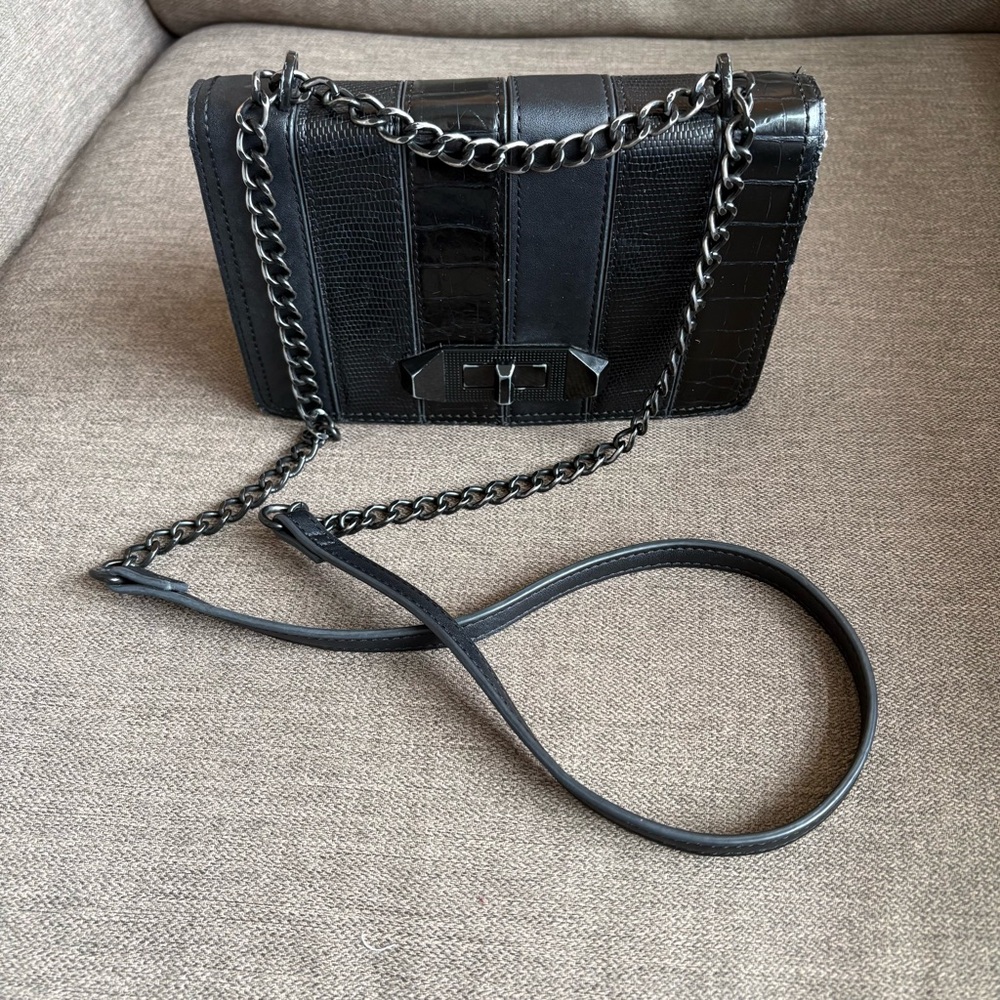 Aldo Black Croc-Embossed Leather Shoulder Bag with Chain INV25/489